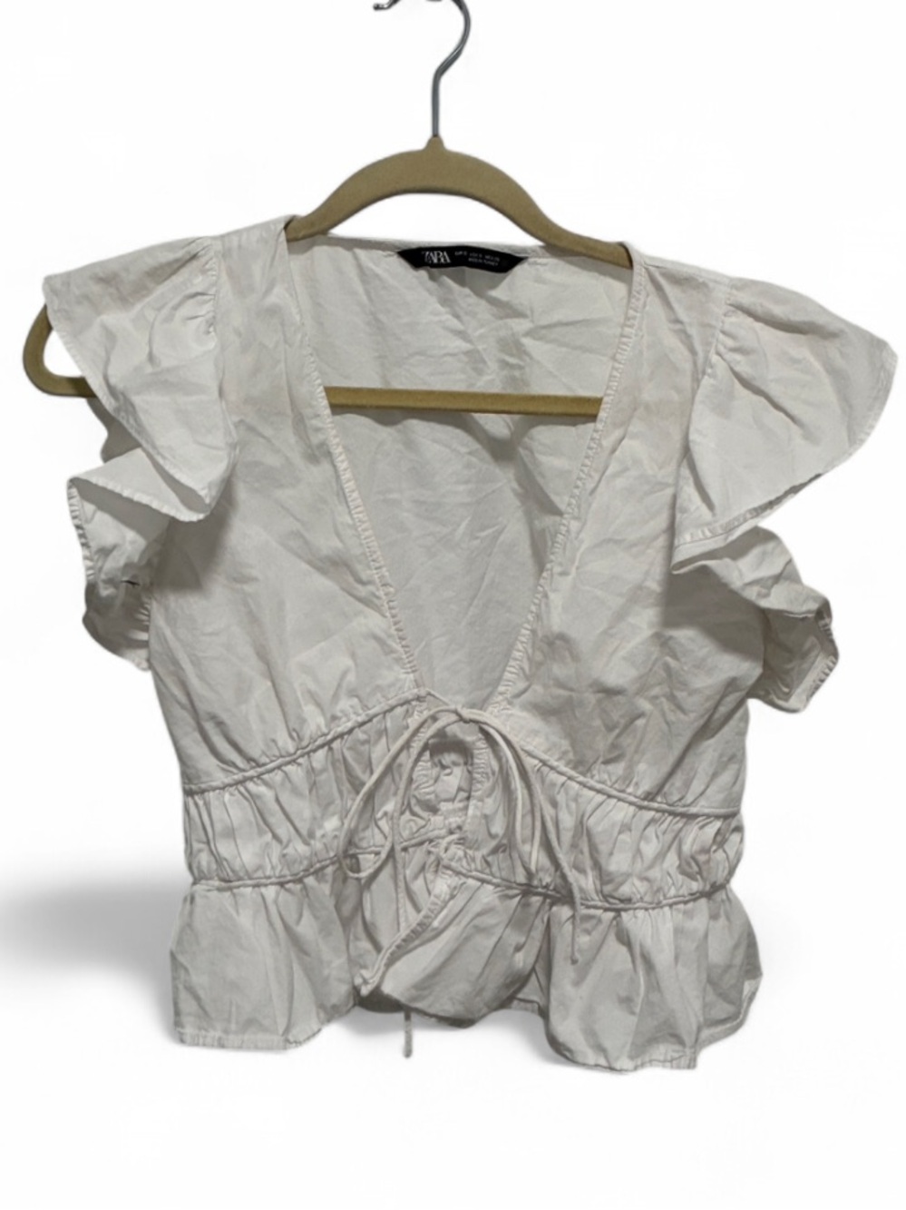 Zara Boho White Ruffle Shoulders Single Tie Front Cropped Top